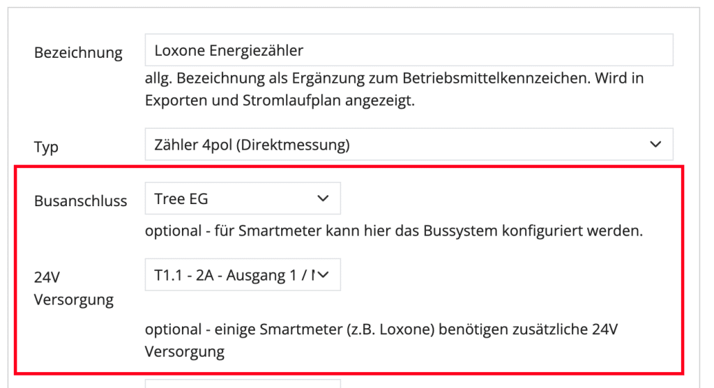 Konfigurationsfelder für einen Loxone Energiezähler